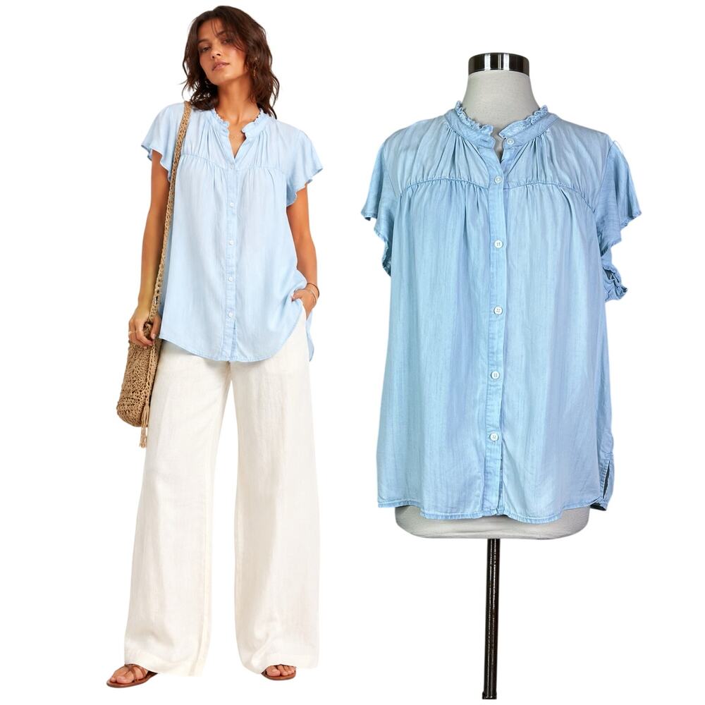 Rails | Ruthie Light Vintage Tencel Chambray Button Front Designer Blouse Top XL